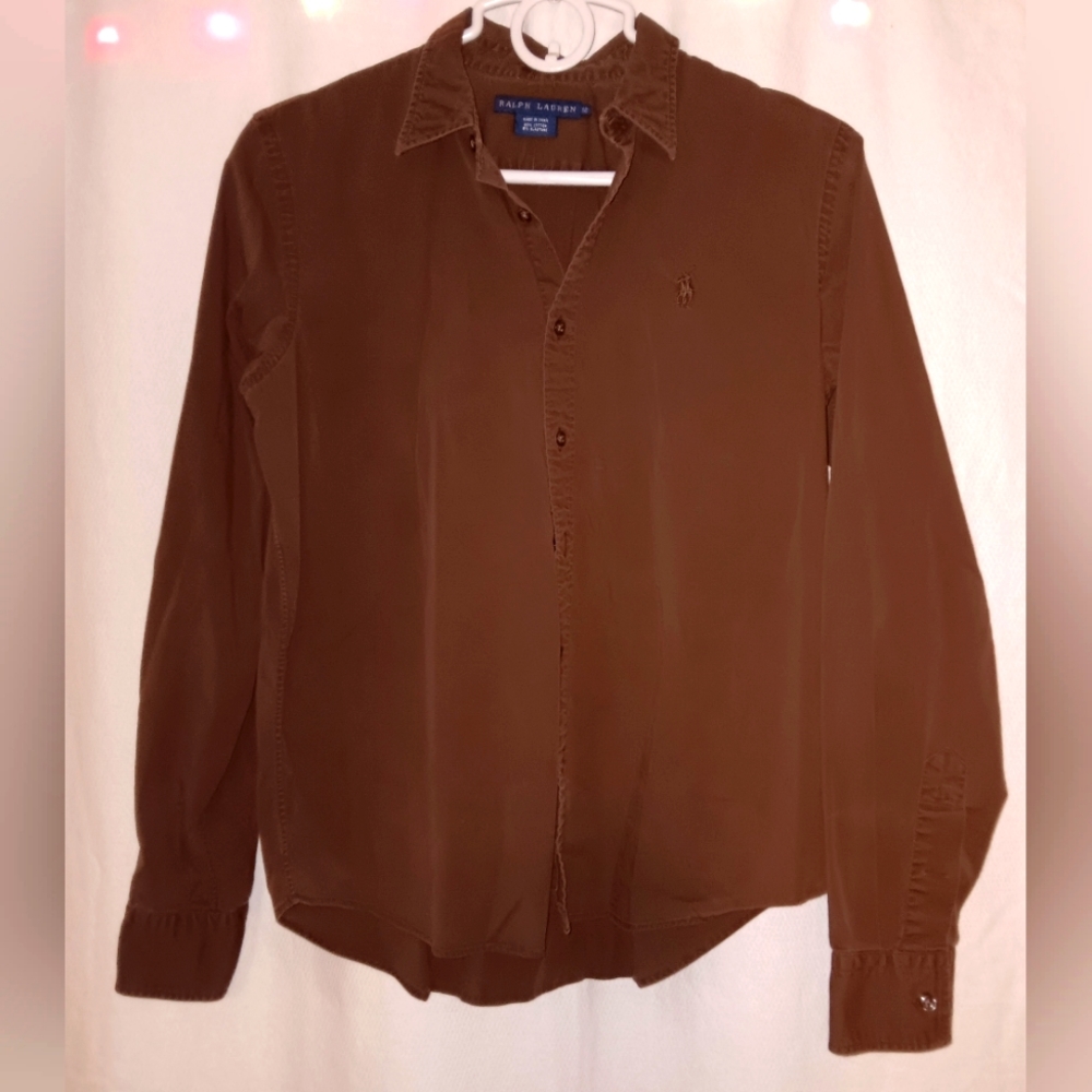 Ralph Lauren- Brown Cotton Blend Button Down Slim Fit-Size 12